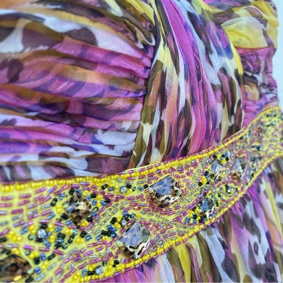 Y2K Camille La Vie Pink & Yellow Leopard Beaded Gown Size 14 - Picture 2 of 9